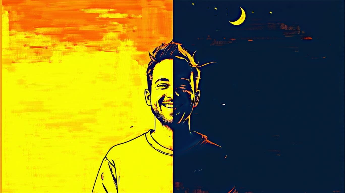 AI generated: Half the screen is day, and half is night. Where it's summer, the man is smiling. Where it's night, ...
