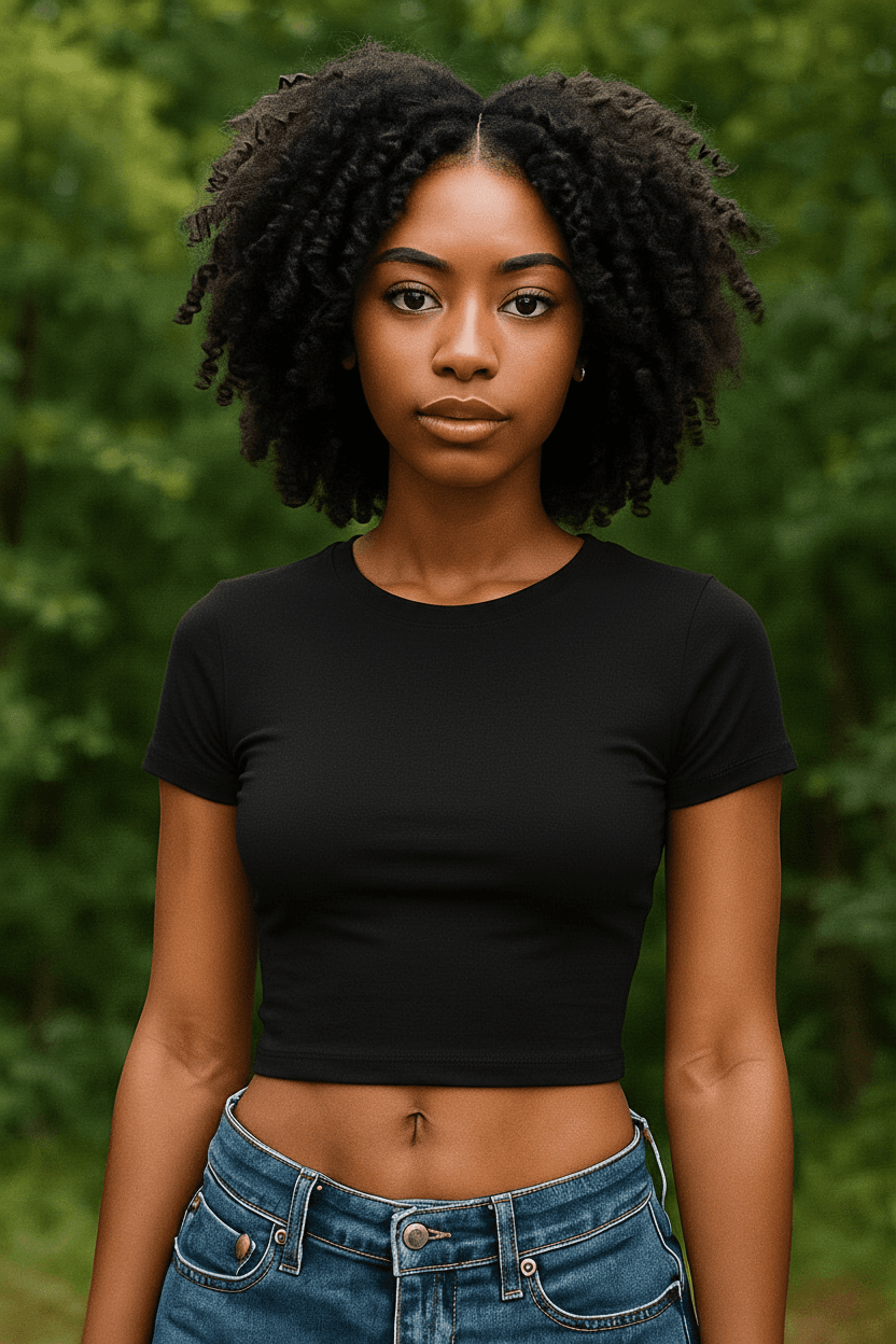AI generated: put a black t-shirt on her