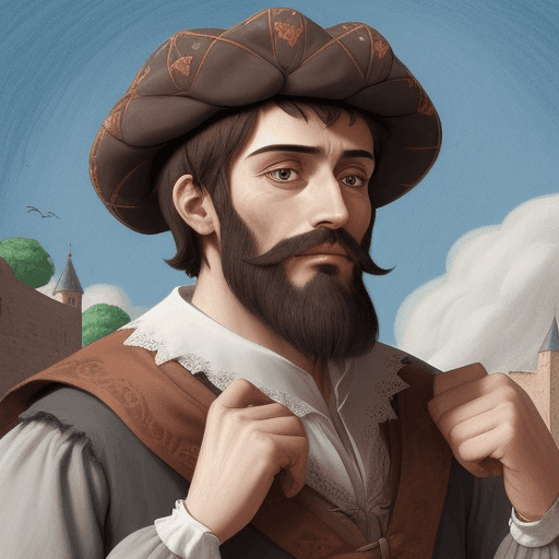 AI generated: Drawing for children's comic of a thin, bearded, 16th century Spanish man with a scholar's cap and r...