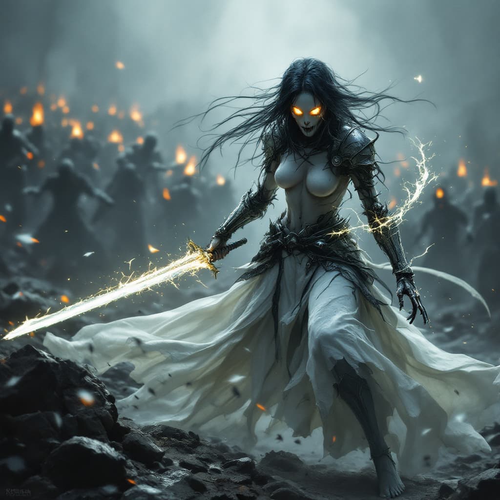 AI generated: in Krenz Cushart style: 1.2, high-quality masterpiece, A ghostly swordswoman, barefoot, full-body vi...