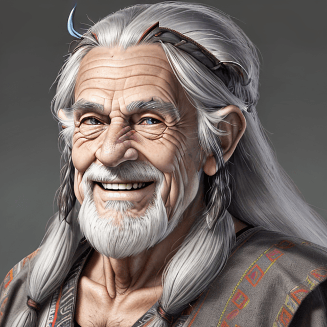 AI generated: frontal view portrait  of a face of cheerful, nice and wise old prehistoric man with long gray hair,...
