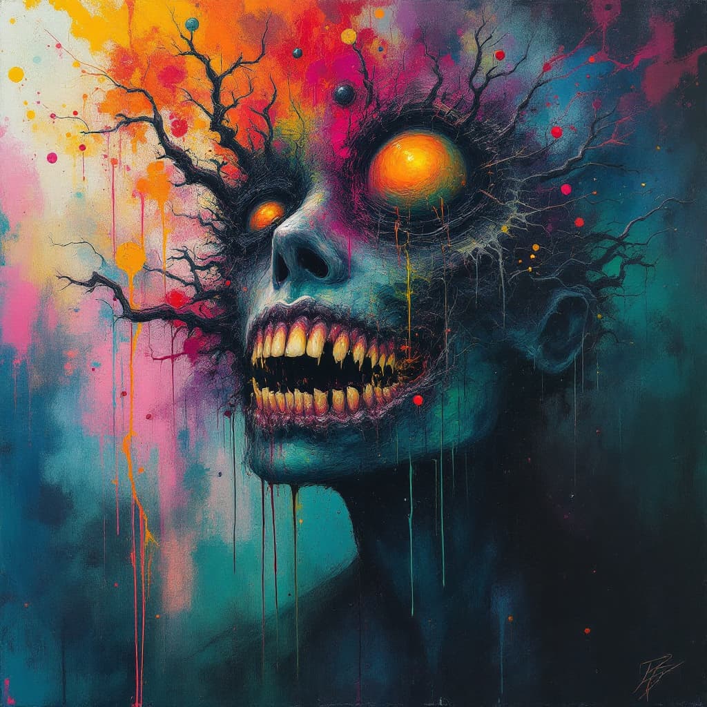 AI generated: Surrealistic painting of acid trip in the mind of schizophrenic patient. In the style of abstract ex...