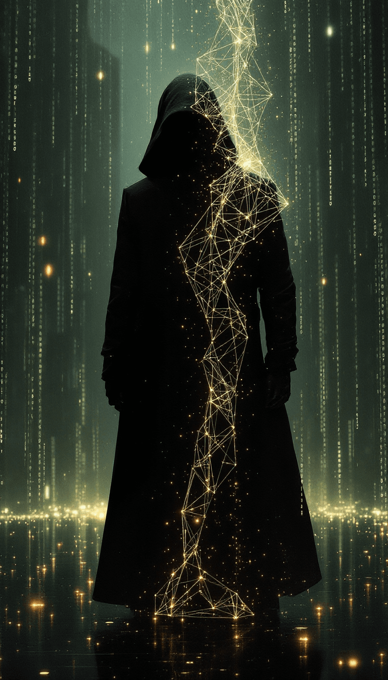 AI generated: A figure in a long, flowing black coat, reminiscent of Neo from The Matrix, standing amidst a cascad...
