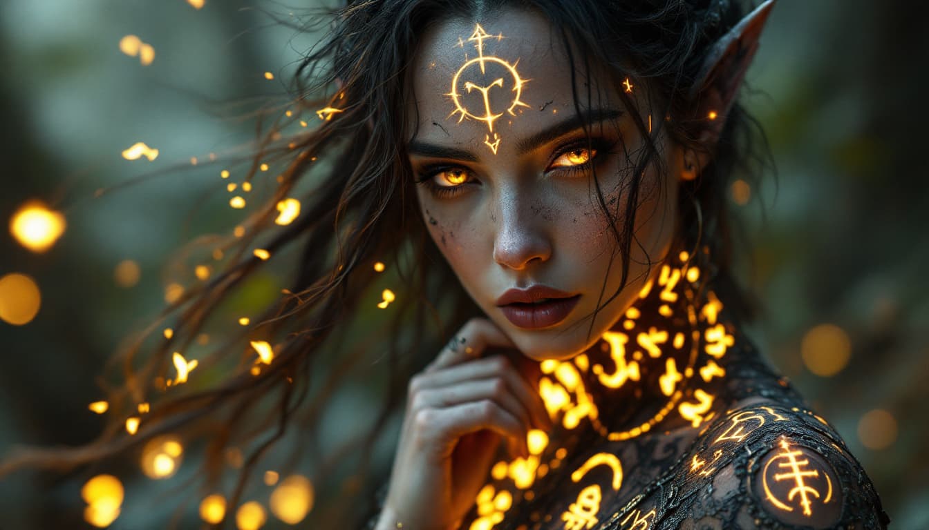 AI generated: A runic witch with runes and glowing engraved runic voodoo symbols, with elegant realistic skin feat...