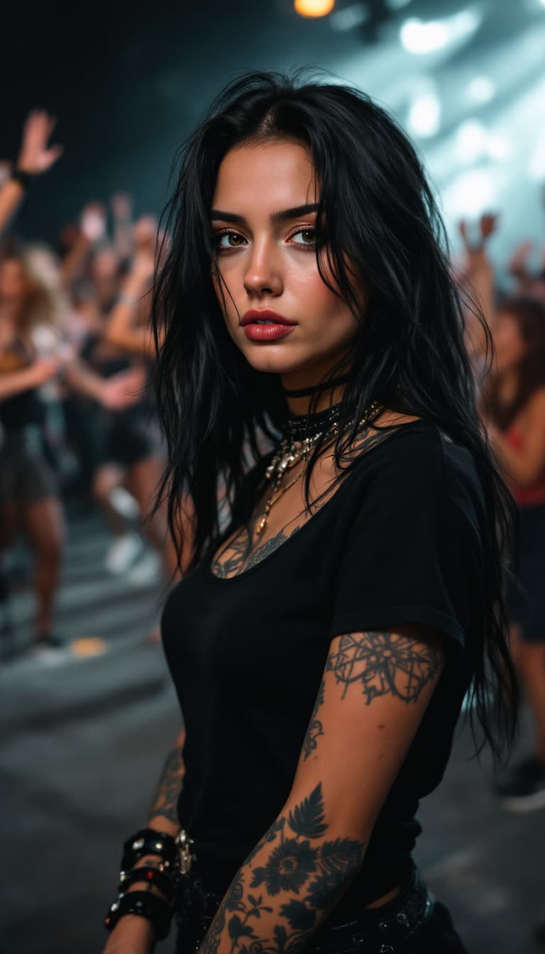 AI generated: A young Caucasian woman with medium long black hair, a black t-shirt, several tattoos, rock and roll...