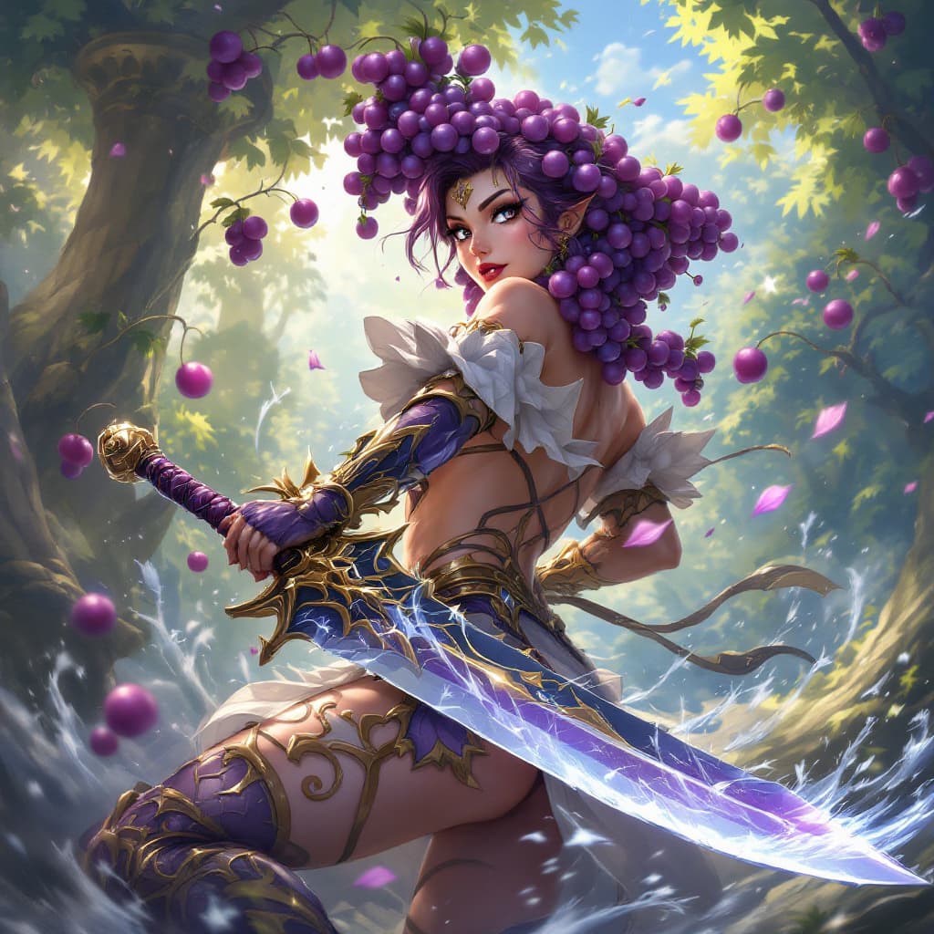 AI generated: warrior woman grape big sword, fantasy, splash art gacha