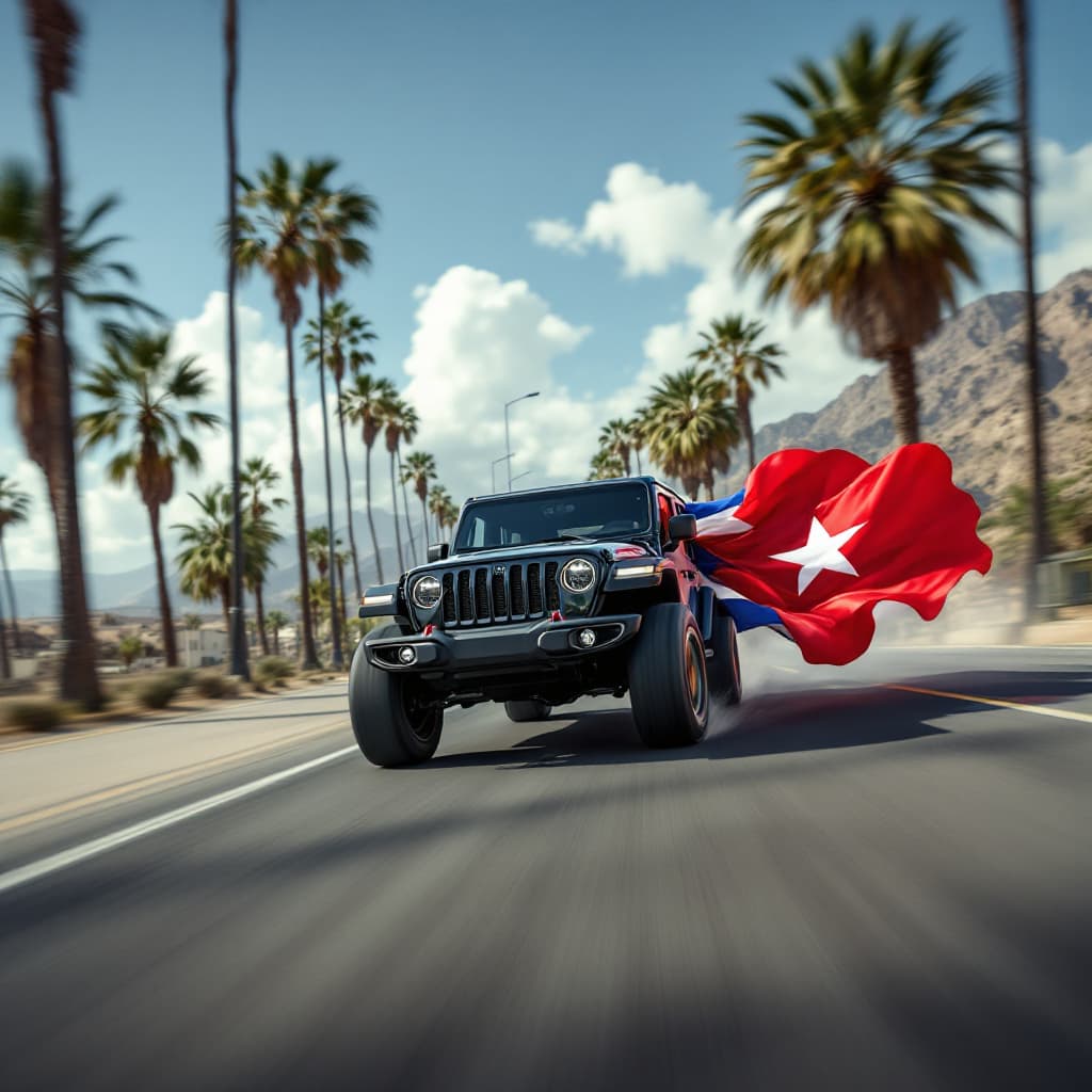 AI generated: Hyper realistic photo of a speeding 2023 Jeep Mojave color black on a road with palm trees, using th...