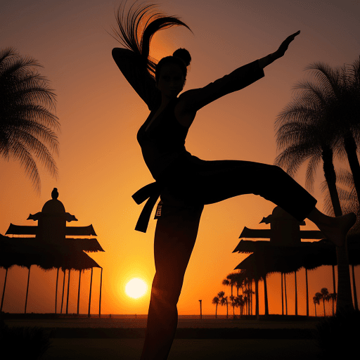 AI generated: A silhouetted slender beautiful 30 yo woman performing a high Taekwondo kick against a vibrant sunse...