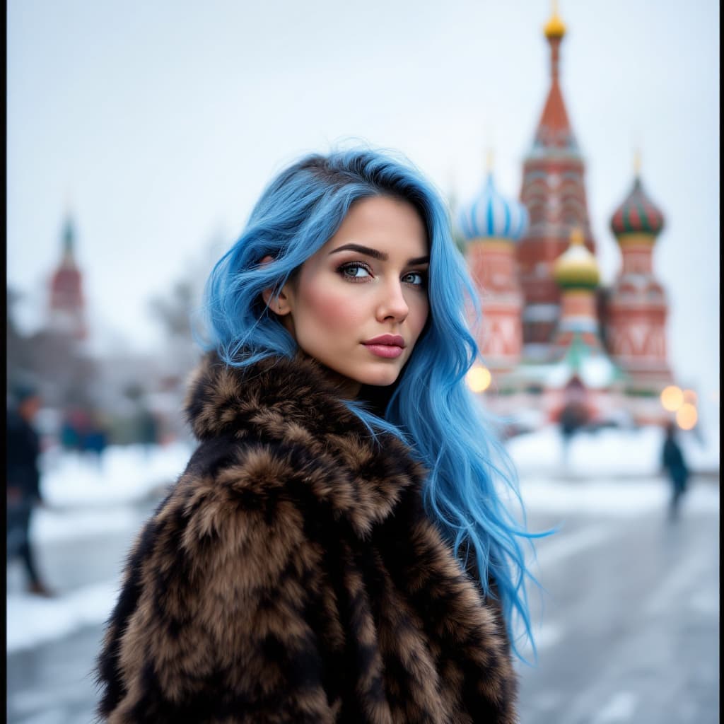 AI generated: A woman with long blue hair, wearing a fur coat, standing outdoors in snowy Red Square, Moscow, with...