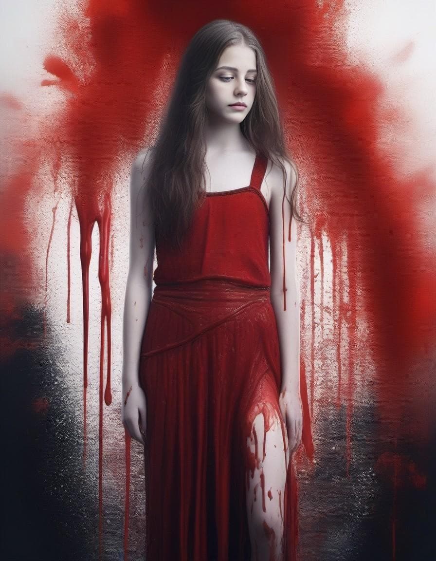 AI generated: A full body portrait of a woman made of blood, half body is submerged in blood, red long hair depict...