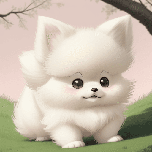AI generated: Charming illustration, forest view, Low Angle Shot, a of a white pomeranian dog anime animal, with a...