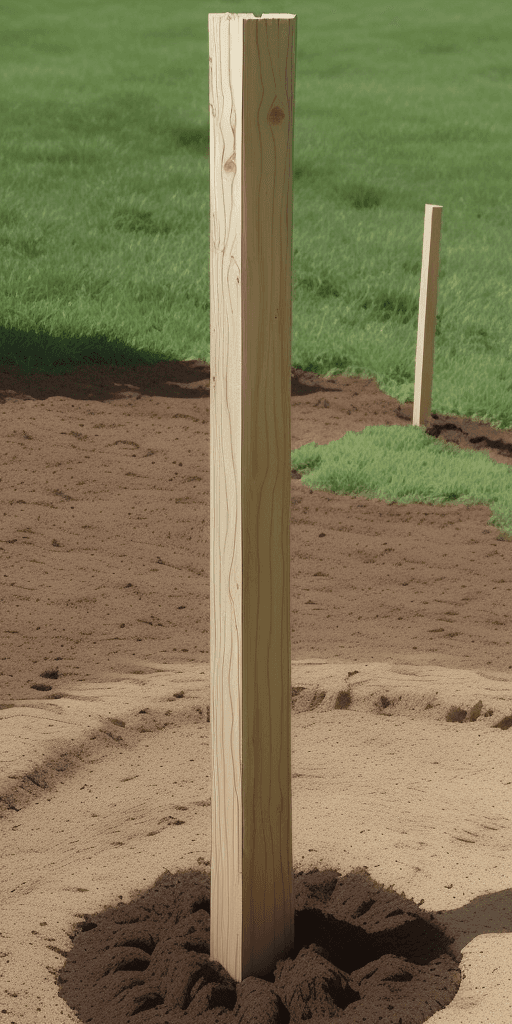 AI generated:  1 wooden stakes planted in the ground, tip upwards, aligned and spaced 1.5m apart, they measure 1.5...
