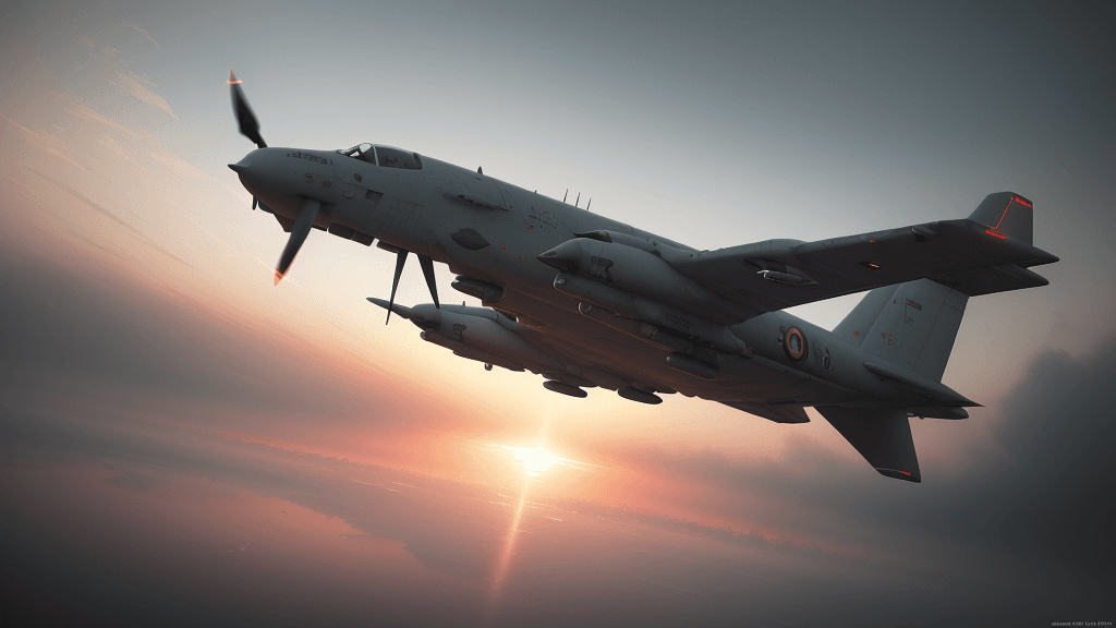 AI generated: Photo of a ultra realistic bomber drone, tense light, pale sunrise, cinematic lighting, battered, lo...