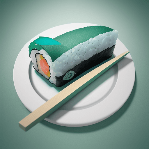 AI generated: 3d, a piece of sushi on island, paper work, cyan, and white with emerald green, rough-textured color...