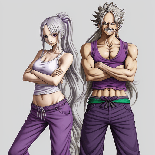 AI generated: One piece style woman with long flowing silver hair and purple eyes, wearing a tank top and baggy pa...