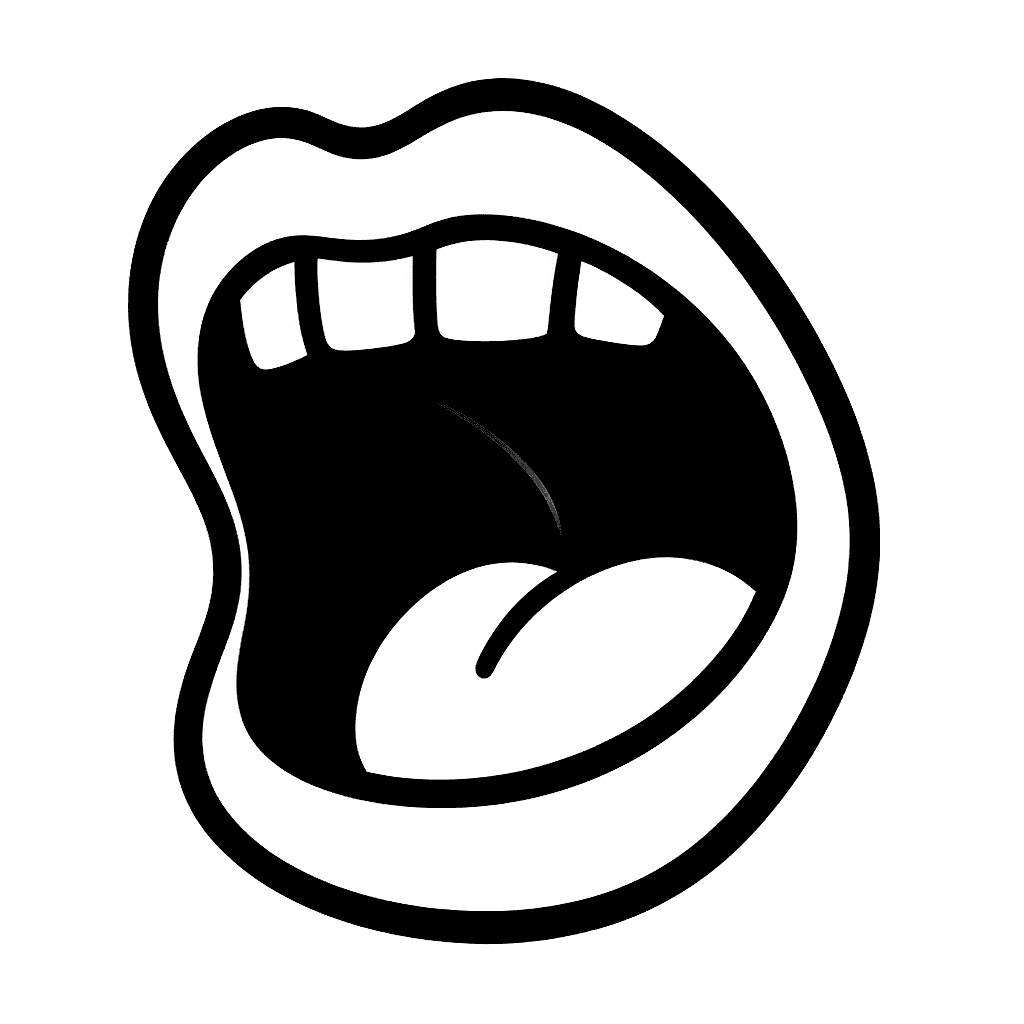AI generated: A bold, simplified cartoon mouth viewed from the side, wide open as if about to eat something. The m...
