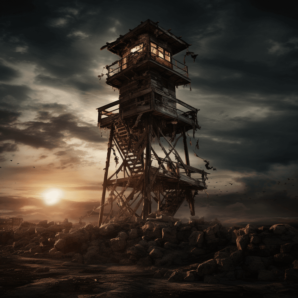 AI generated: ((editorial photography:1.6)) a watch tower. Dirty beautiful epic composition high resolution,  shar...