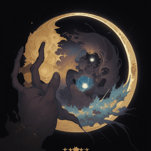 AI generated: glowing moon and space, hands reaching out to each other by Hokusai and James Gurney Peter Mohrbache...