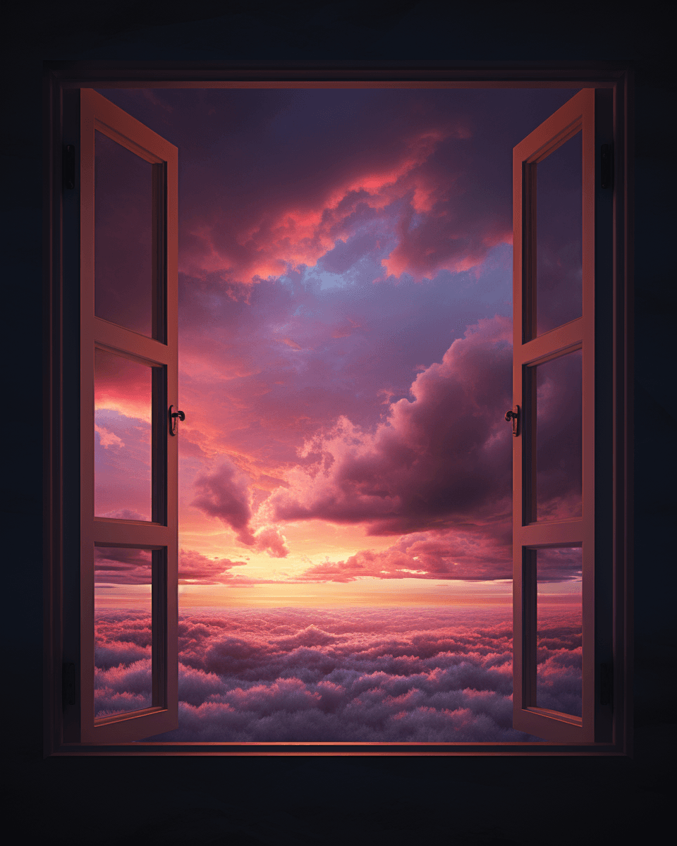 AI generated: A small window in the dark room, outside is sunset with colorful clouds, in the style of hyper reali...
