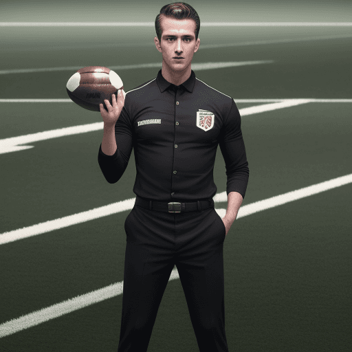 AI generated: gorgeous man, dressed as football referee, attractive, ((flirting)), standing on football field, cen...