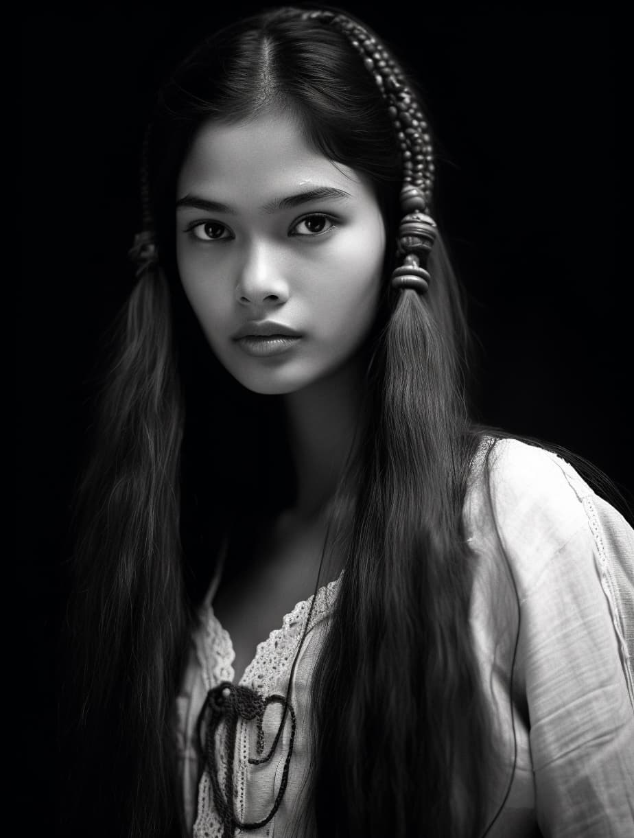 AI generated: Black and white photo of a woman with long hair, philippines, middle eastern details, young himalaya...