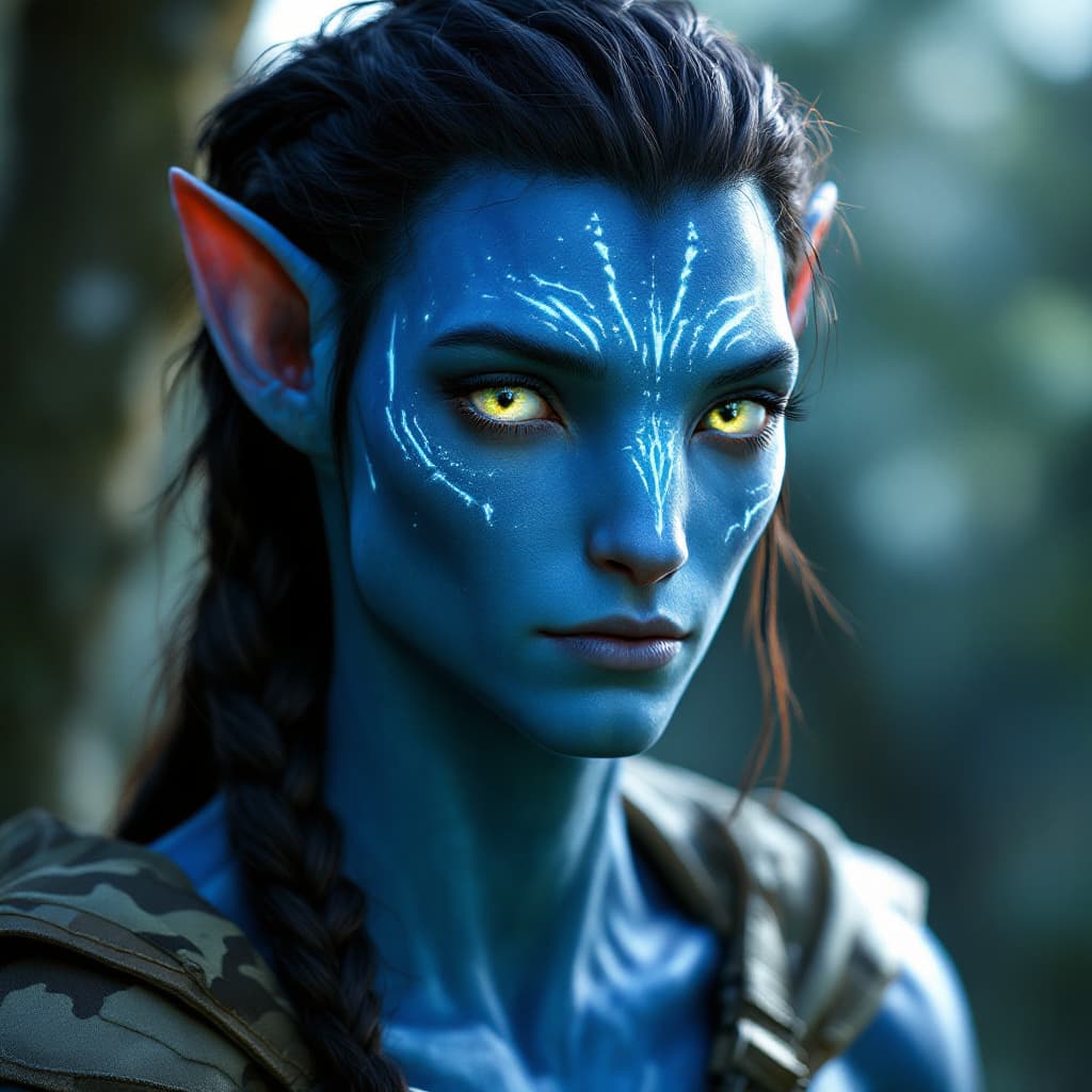 AI generated: A Na'vi avatar from James Cameron's Avatar franchise   All Blue skin beautiful slightly darker blue ...