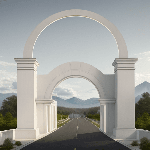 AI generated: Photo of a modern minimalist welcome arch blending colonial elements, positioned above a four-lane h...