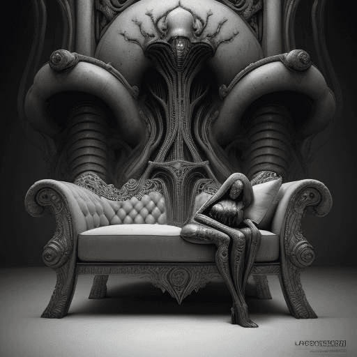 AI generated: huge HR Giger style loveseat, concept furniture, painting on grey, hyper realistic, illustration, di...