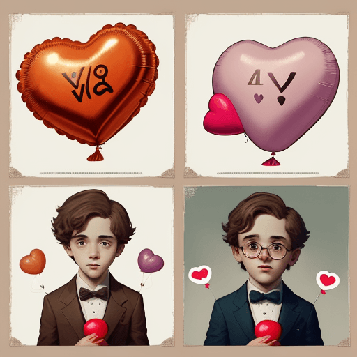 AI generated: a poster depicts a boy holding a heart shaped balloon, in the style of sketchfab, poodlepunk, warm t...