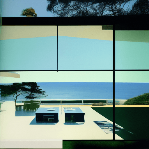 AI generated: Hyper realistic eye level exterior photo of a mid century modern style house overlooking the ocean, ...