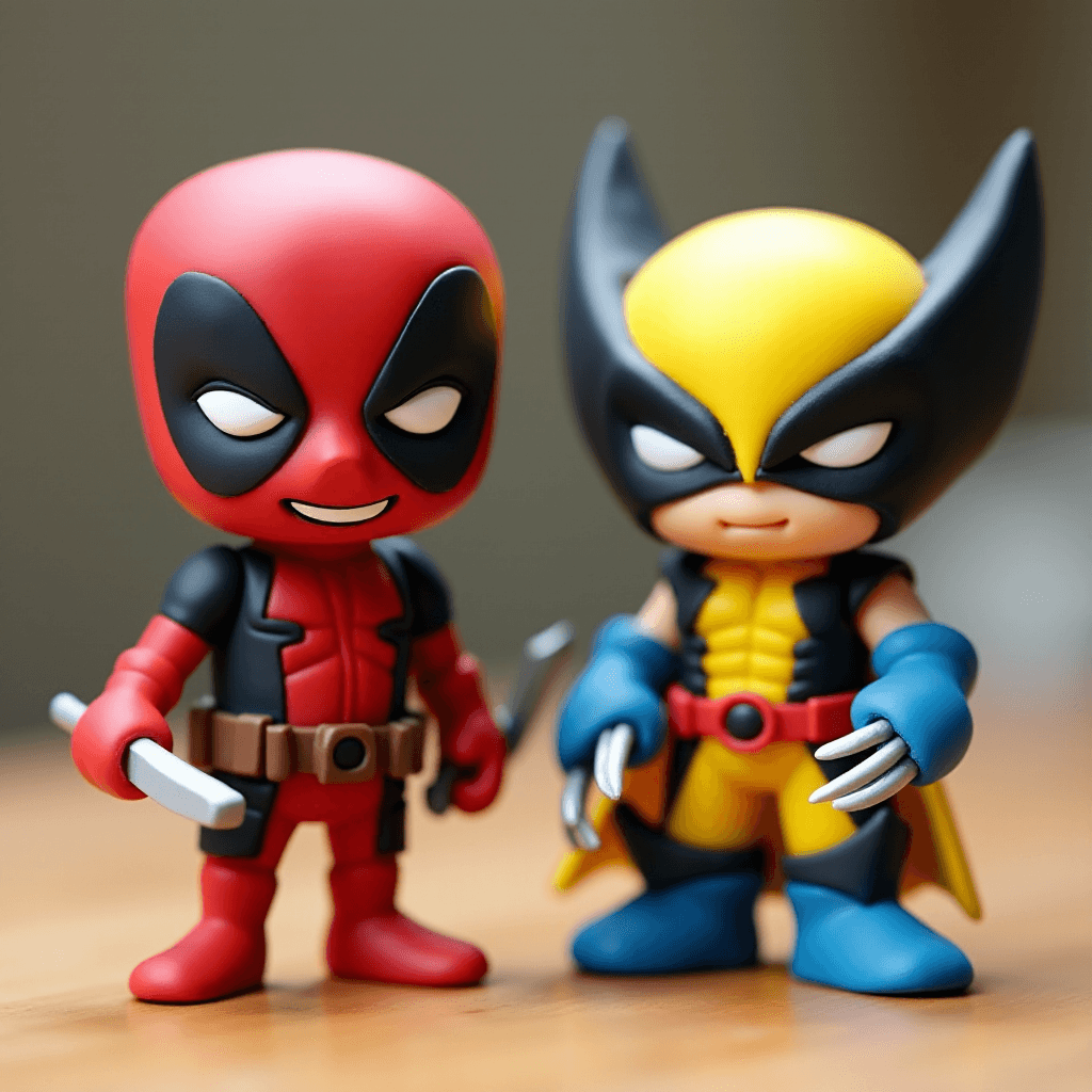 AI generated: Two plasticine figures of Deadpool and Wolverine, modeled with bright, colorful clay. Deadpool is de...