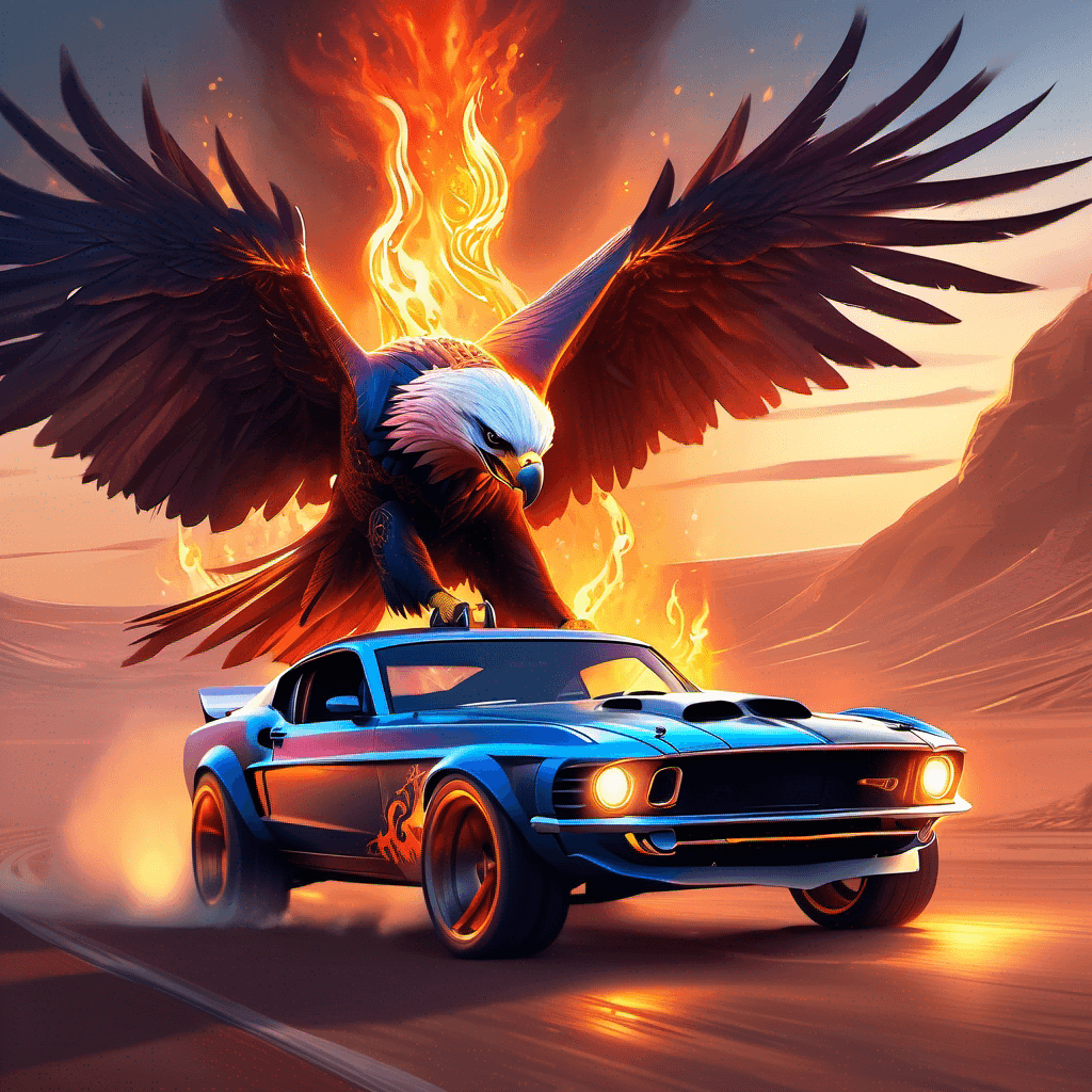 AI generated: A retrowave color scheme comic style poster of a post apocalyptic dystopia, of a mustang fastback st...