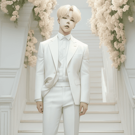 AI generated: Jimin from BTS in beautiful white clothes looking like an angel having blond hair standing on a whit...