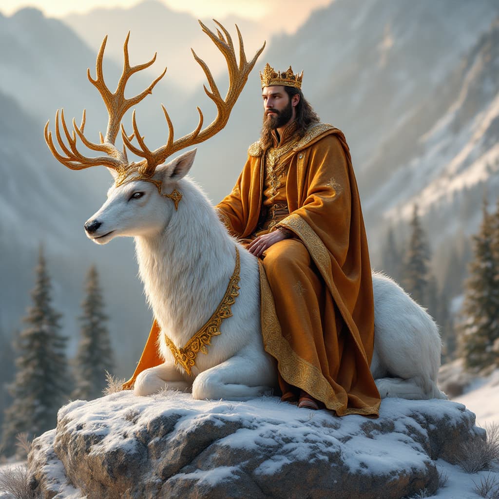 AI generated: A regal figure, adorned in rich, golden-brown and crimson robes, sits atop a majestic, white deer wi...