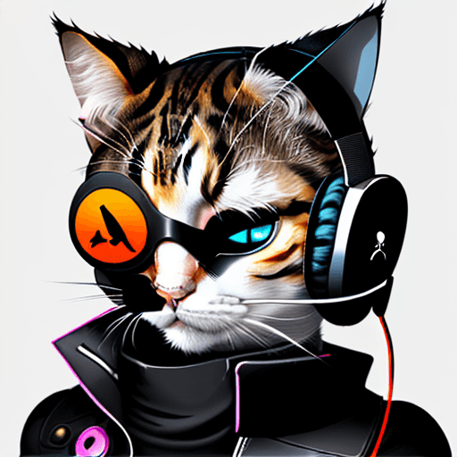 AI generated: High quality logo of tech cat from future, wearing eye patch and headphone on its ears. smooth curve...