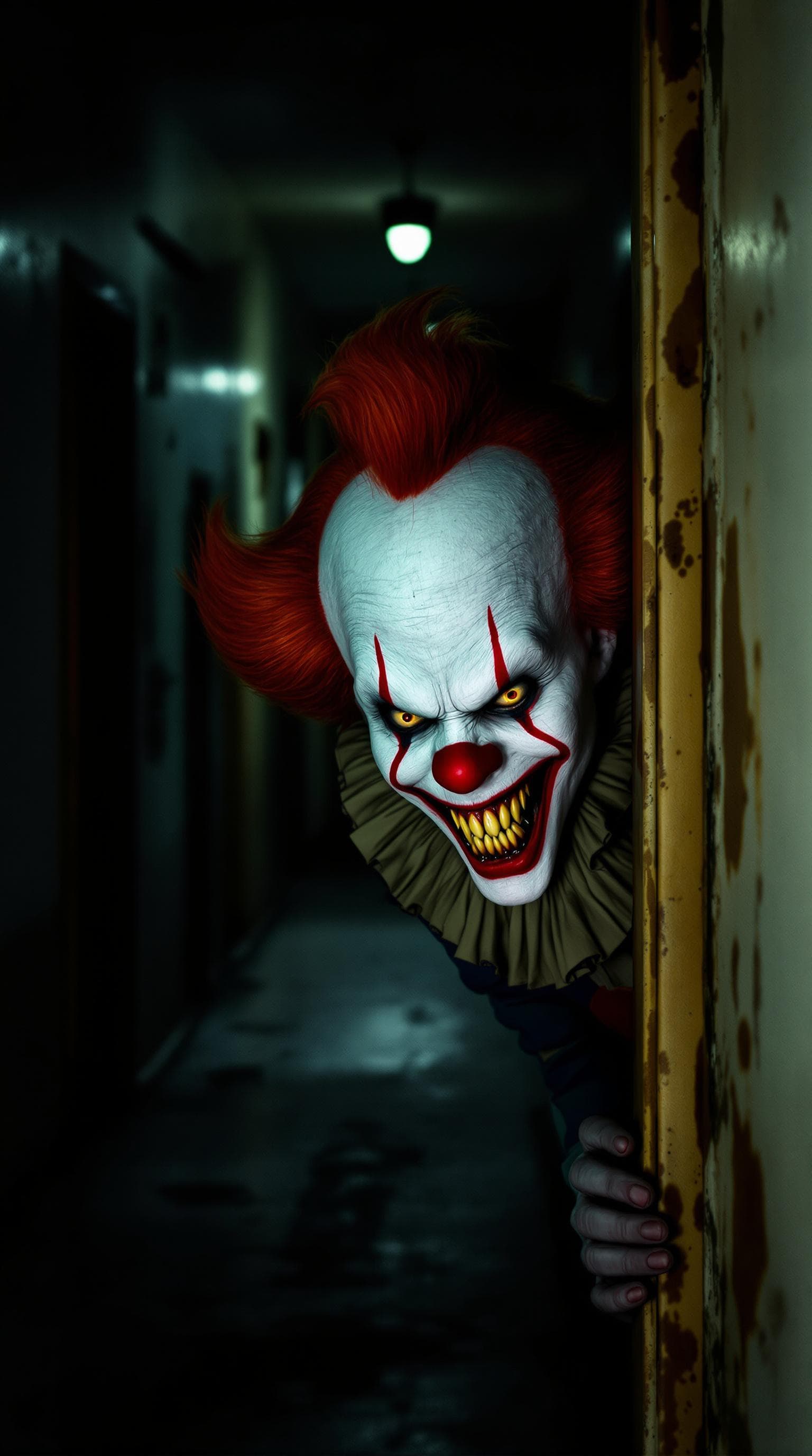 AI generated: a menacing clown lurking in a dimly lit corridor. The clown has an exaggerated, sinister grin, showc...