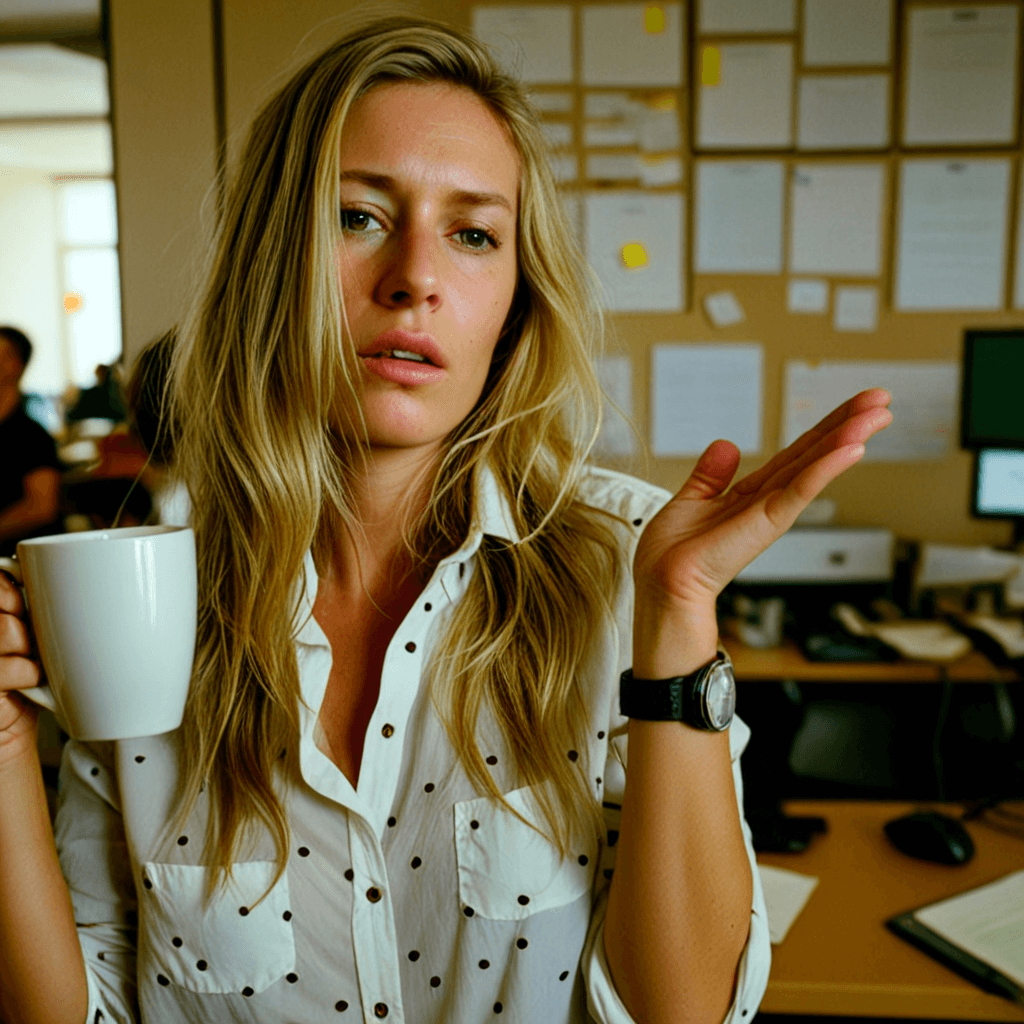 AI generated: Medium close-up, photograph of, a very tired woman, drinking a cup of coffee, (messy hair:1.1), blon...