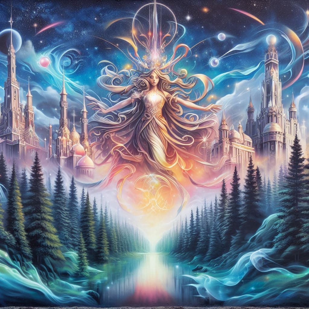 AI generated: A Majestic Mural Fantasy Graffiti Graphic World in the style of a Famous Street Artist Designer with...