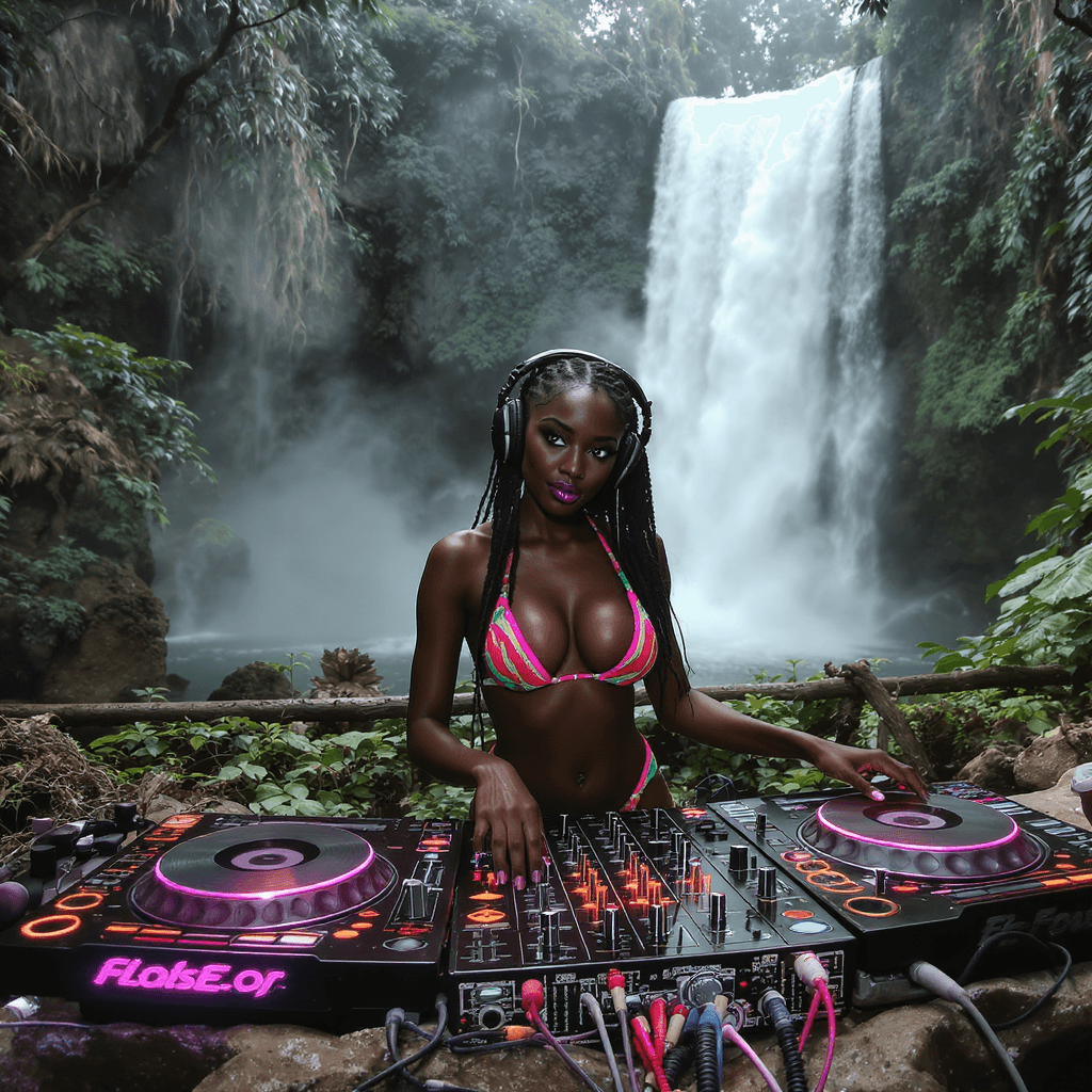 AI generated: a beautiful black African 22yr old girl dj in the middle of the rain forest iwith a huge water fall ...