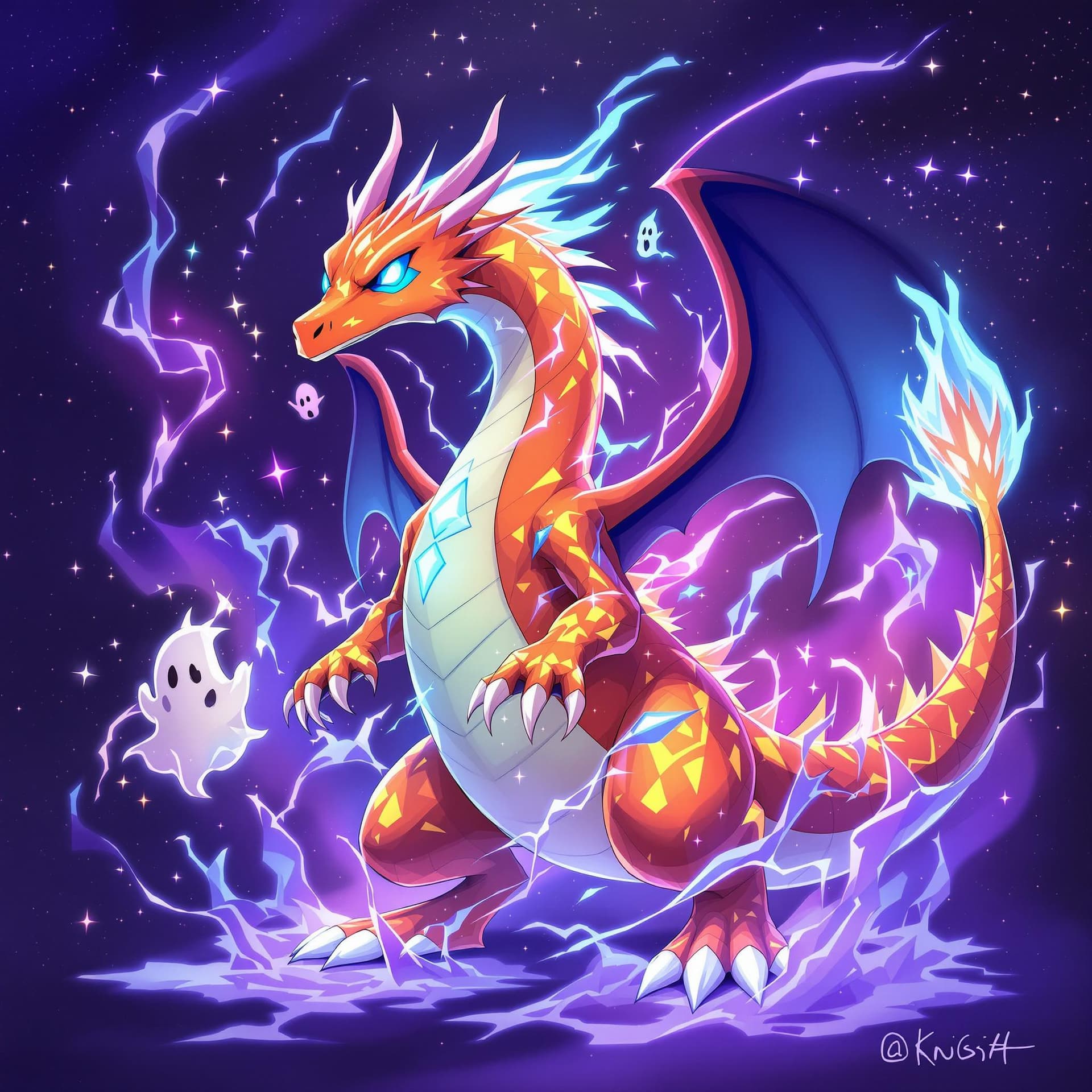 AI generated: Astral-themed illustration of a Charizard with ghostly elements