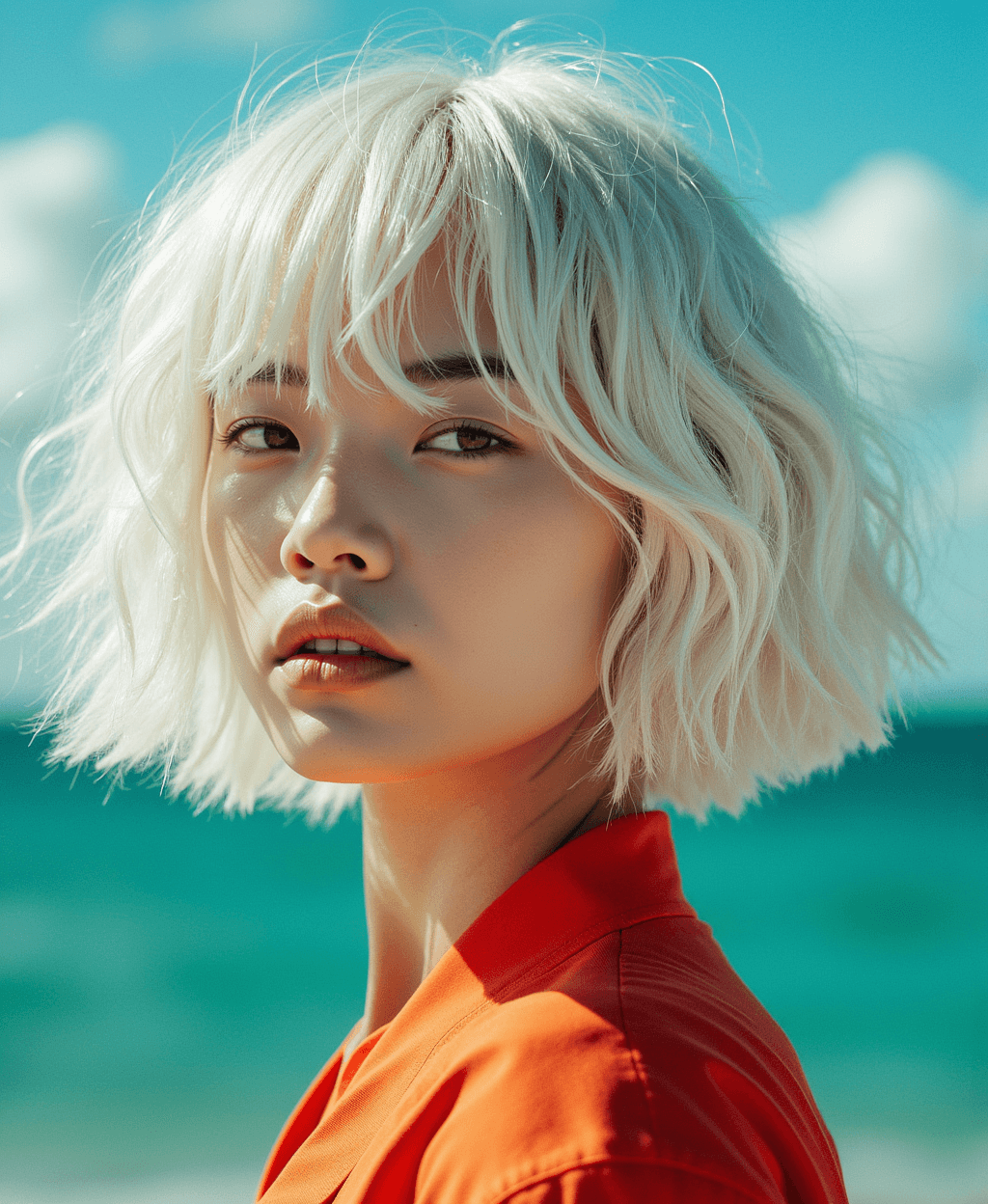 AI generated: an image of a girl with white hair, in the style of ross tran, light teal and dark orange, guido van...