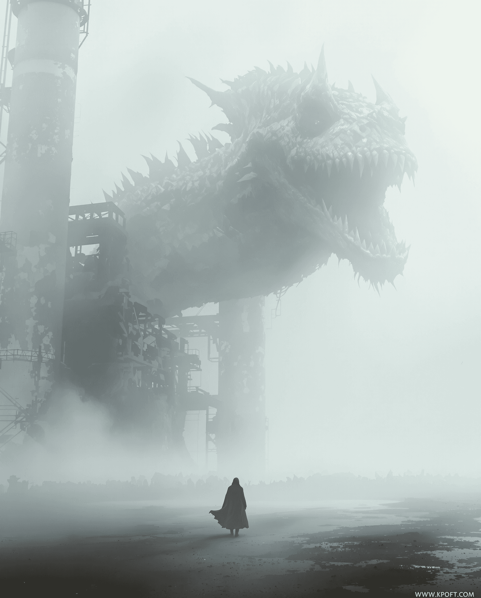 AI generated: A cinematic, fog-drenched landscape showing a lone figure standing in the distance, wearing a red cl...