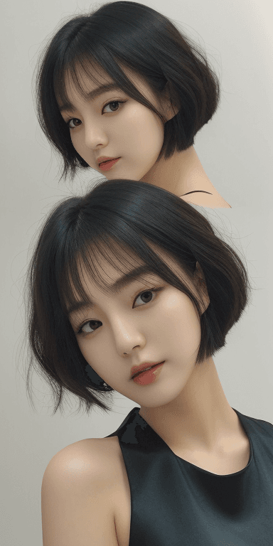 AI generated: Beautiful Korean woman, K-pop idol, (Cute Loose Bob hairstyle) , (wearing a black wedding dress:1.4)...