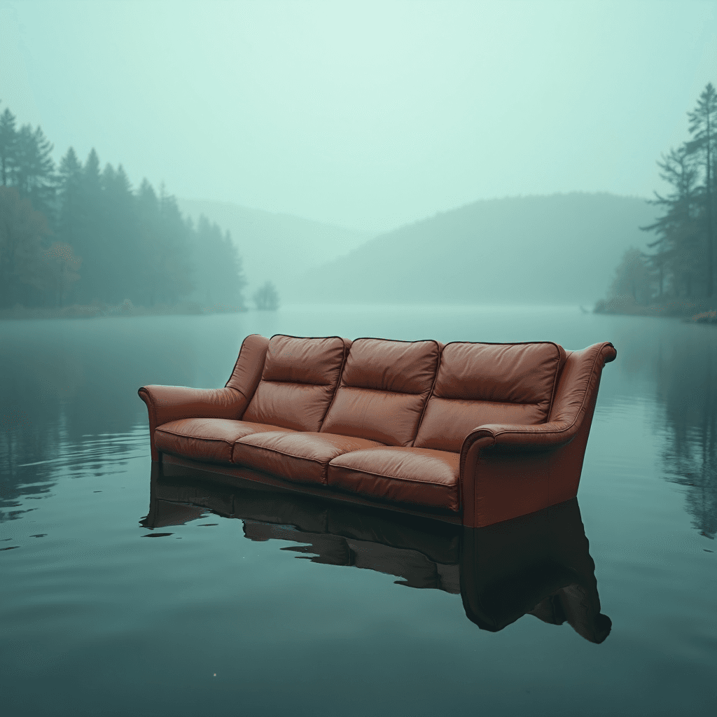 AI generated: uhd, cinematic still of a Photo of a broken big sofa sticking out of the lake, fog mads berg, design...