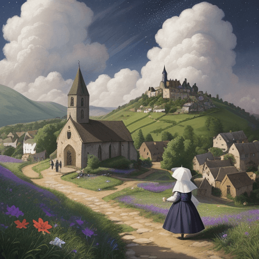 AI generated: Old medieval village, church in the distance, cosmos blooming on a hill, sky is clear and full of cl...