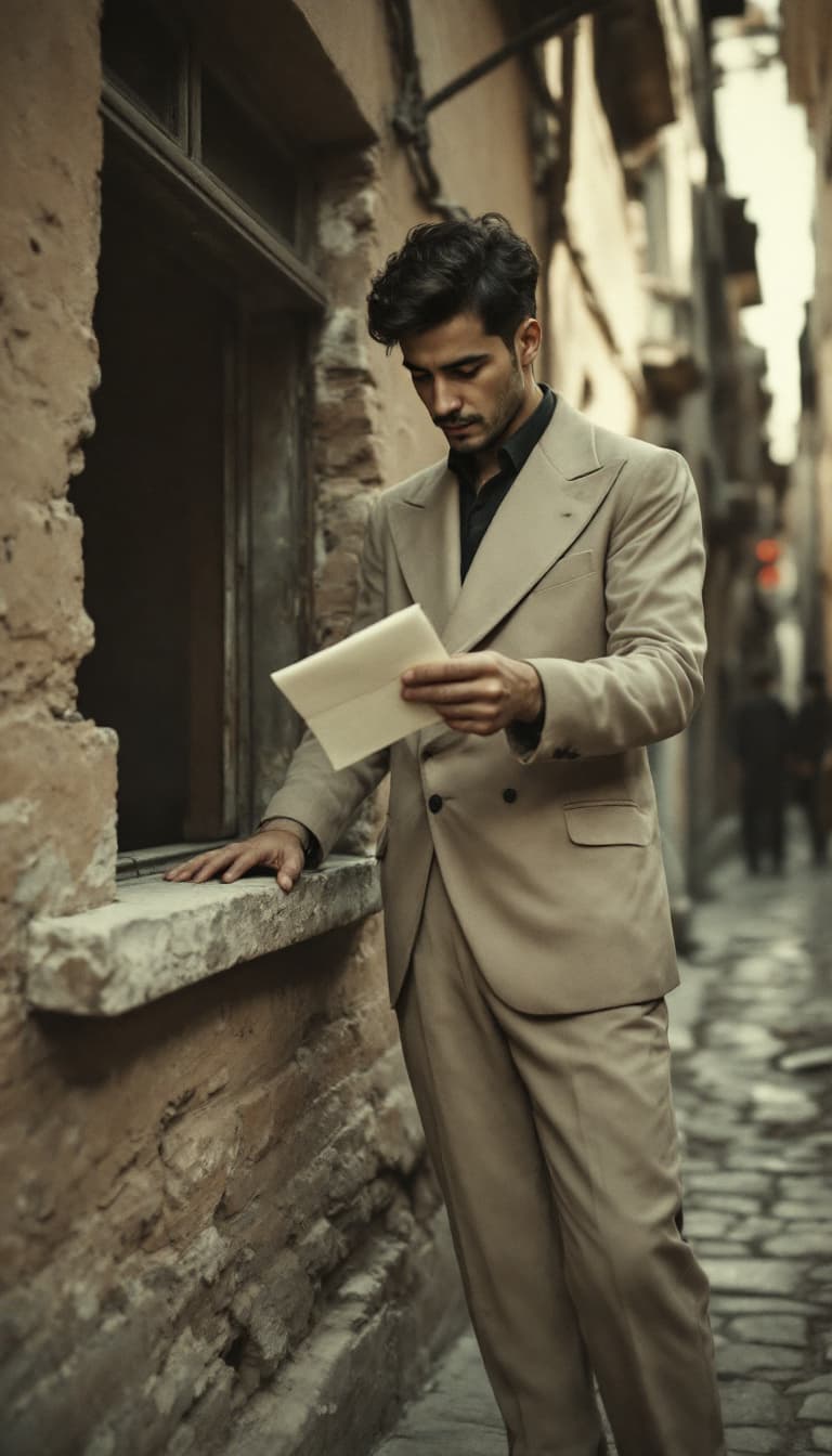 AI generated: A young man from the 1950s standing outside an old Iranian house in the narrow alley. The window of ...