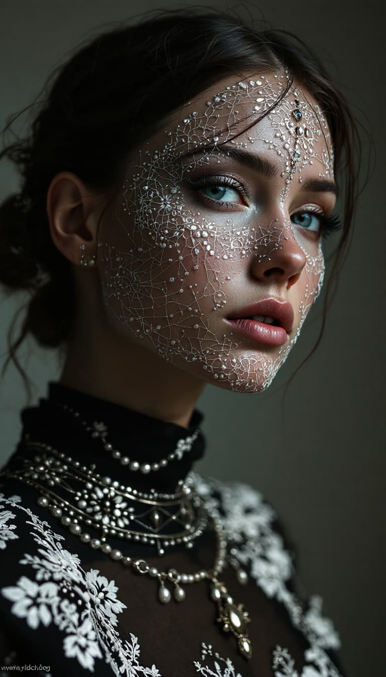 AI generated: the whole face, shoulders and chest are pierced with openwork threads in the style of Ukrainian nati...