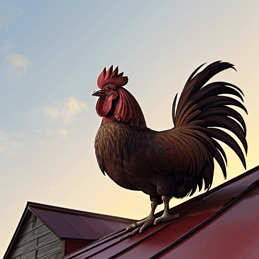 AI generated: An image of a rooster on top of the barn roof in the morning crowing at the top of his lungs. 