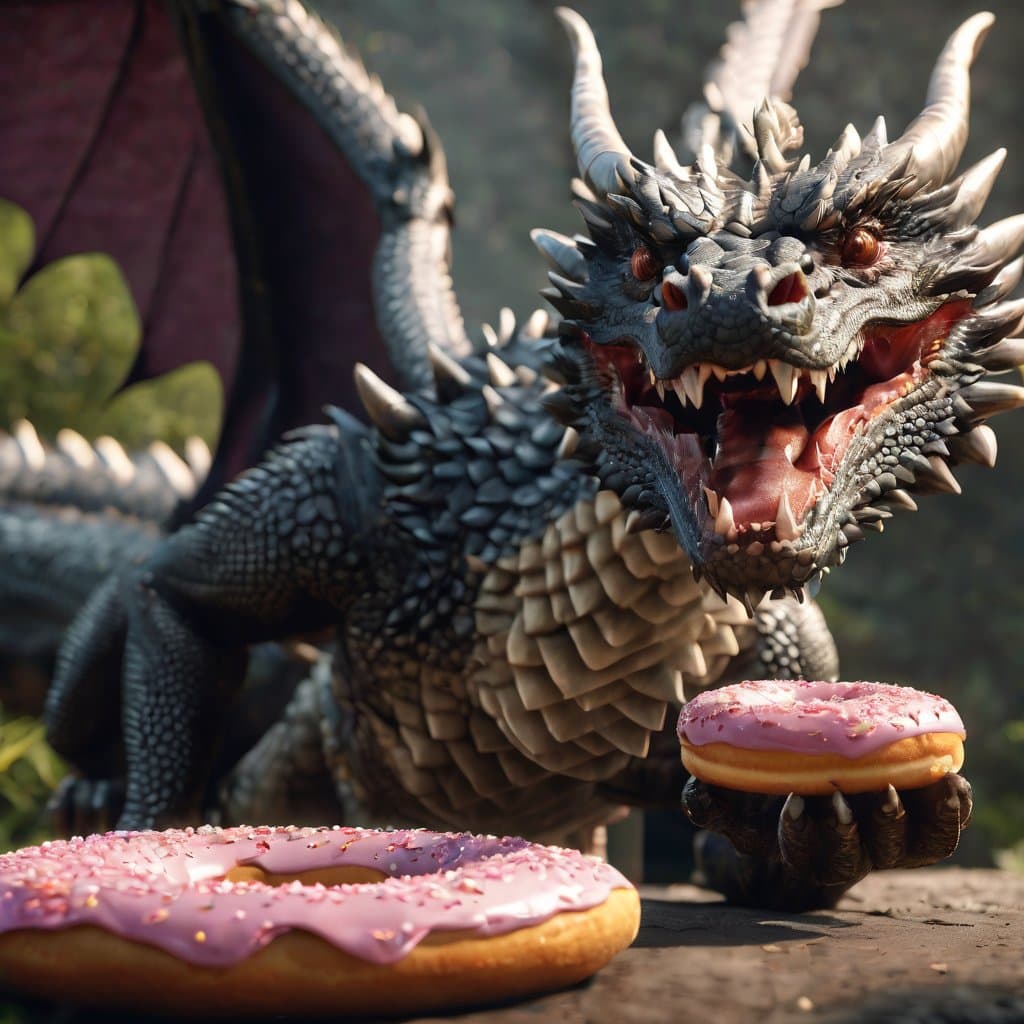 AI generated: an oriental dragon eating a doughnut, masterpiece, high quality, epic, studio lighting, realistic, u...