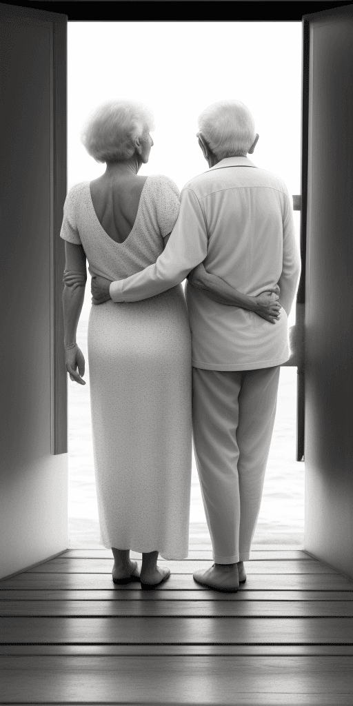 AI generated: Black and white drawing, with an elderly couple looking at each other, in love with their backs to e...